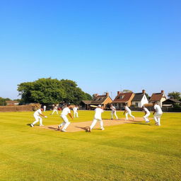 A village cricket team actively playing cricket on a local ground