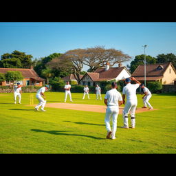 A village cricket team actively playing cricket on a local ground