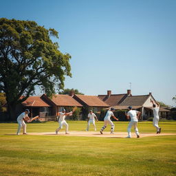 A village cricket team actively playing cricket on a local ground