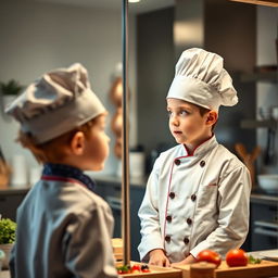 A young boy looking into a mirror and seeing his reflection as an adult chef