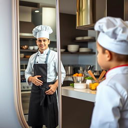 A young boy looking into a mirror and seeing his reflection as an adult chef