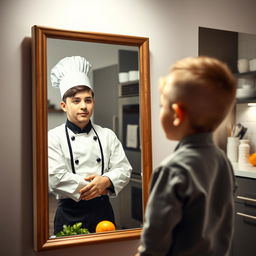 A young boy looking into a mirror and seeing his reflection as an adult chef