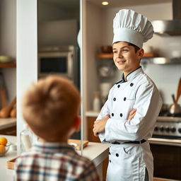 A young boy looking into a mirror and seeing his reflection as an adult chef