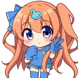 Anime style girl with brown hair and a blue duck hair clip, wearing a blue t-shirt, blue shorts, blue gloves, and blue stockings