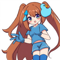 Anime style girl with brown hair and a blue duck hair clip, wearing a blue t-shirt, blue shorts, blue gloves, and blue stockings