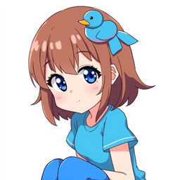 Anime style girl with brown hair and a blue duck hair clip, wearing a blue t-shirt, blue shorts, blue gloves, and blue stockings