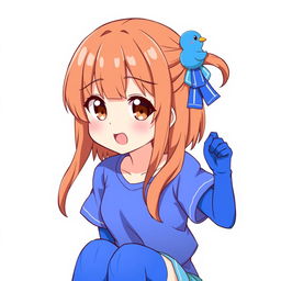 Anime style girl with brown hair and a blue duck hair clip, wearing a blue t-shirt, blue shorts, blue gloves, and blue stockings