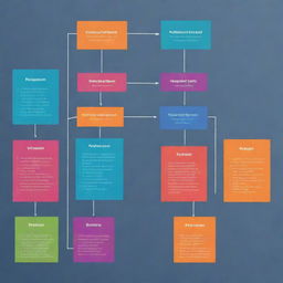 Represent a multi-step technical process in a flow chart with brilliant colors, in landscape orientation.