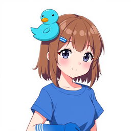 Anime style portrait of a 13-year-old girl with brown shoulder-length hair and a blue duck hair clip