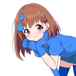 Anime style portrait of a 13-year-old girl with brown shoulder-length hair and a blue duck hair clip