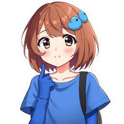 Anime style portrait of a 13-year-old girl with brown shoulder-length hair and a blue duck hair clip