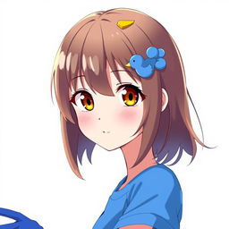 Anime style portrait of a 13-year-old girl with brown shoulder-length hair and a blue duck hair clip