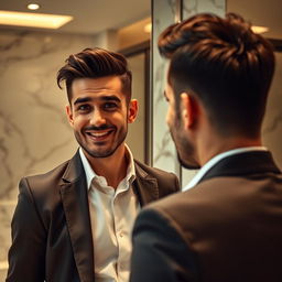 A man standing in front of a mirror, with an expression of admiration and pride on his face, emphasizing his narcissistic personality