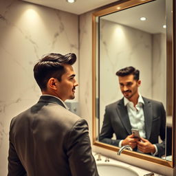 A man standing in front of a mirror, with an expression of admiration and pride on his face, emphasizing his narcissistic personality