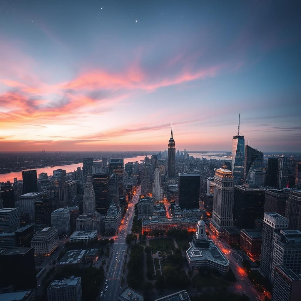 A magnificent aerial view of a sprawling city skyline at dusk, with tall skyscrapers glistening in the fading light