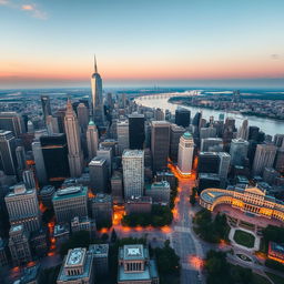 A magnificent aerial view of a sprawling city skyline at dusk, with tall skyscrapers glistening in the fading light