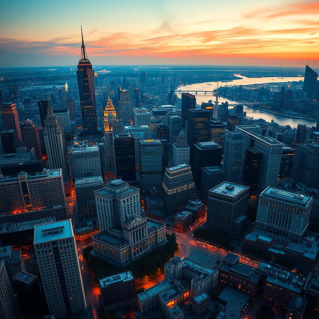 A magnificent aerial view of a sprawling city skyline at dusk, with tall skyscrapers glistening in the fading light