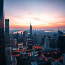 A magnificent aerial view of a sprawling city skyline at dusk, with tall skyscrapers glistening in the fading light