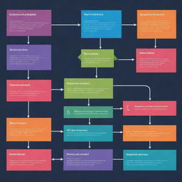 Represent a multi-step technical process in a flow chart with brilliant colors, in landscape orientation.