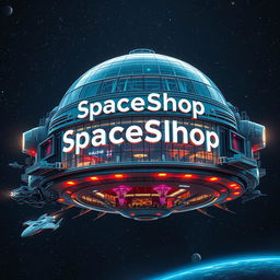 A futuristic space shopping mall viewed from the outside, prominently featuring the name 'SpaceSchop' in large, glowing letters on its façade