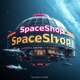 A futuristic space shopping mall viewed from the outside, prominently featuring the name 'SpaceSchop' in large, glowing letters on its façade