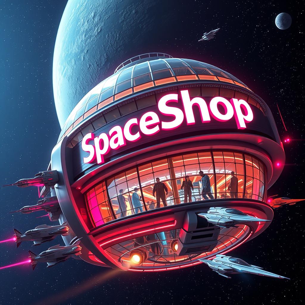 A futuristic space shopping mall viewed from the outside, prominently featuring the name 'SpaceSchop' in large, glowing letters on its façade