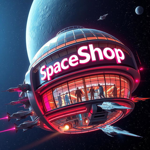 A futuristic space shopping mall viewed from the outside, prominently featuring the name 'SpaceSchop' in large, glowing letters on its façade