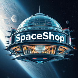 A futuristic space shopping mall viewed from the outside, prominently featuring the name 'SpaceSchop' in large, glowing letters on its façade