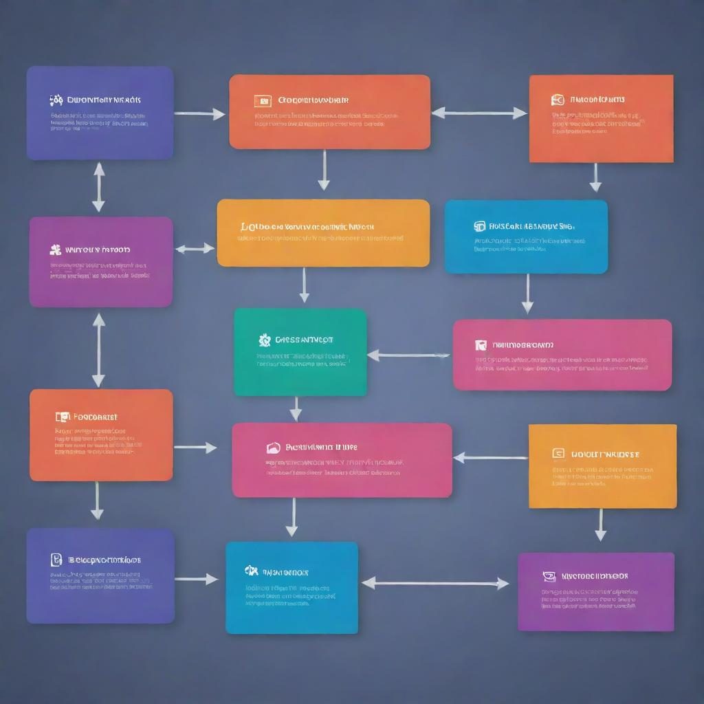 Represent a multi-step technical process in a flow chart with brilliant colors, in landscape orientation.