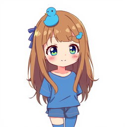 Anime style illustration of a 13-year-old girl with brown hair featuring a blue duck hair clip