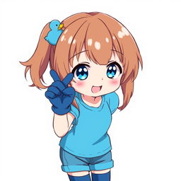 Anime style illustration of a 13-year-old girl with brown hair featuring a blue duck hair clip