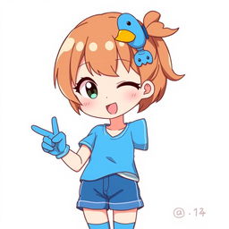 Anime style illustration of a 13-year-old girl with brown hair featuring a blue duck hair clip