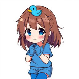 Anime style illustration of a 13-year-old girl with brown hair featuring a blue duck hair clip