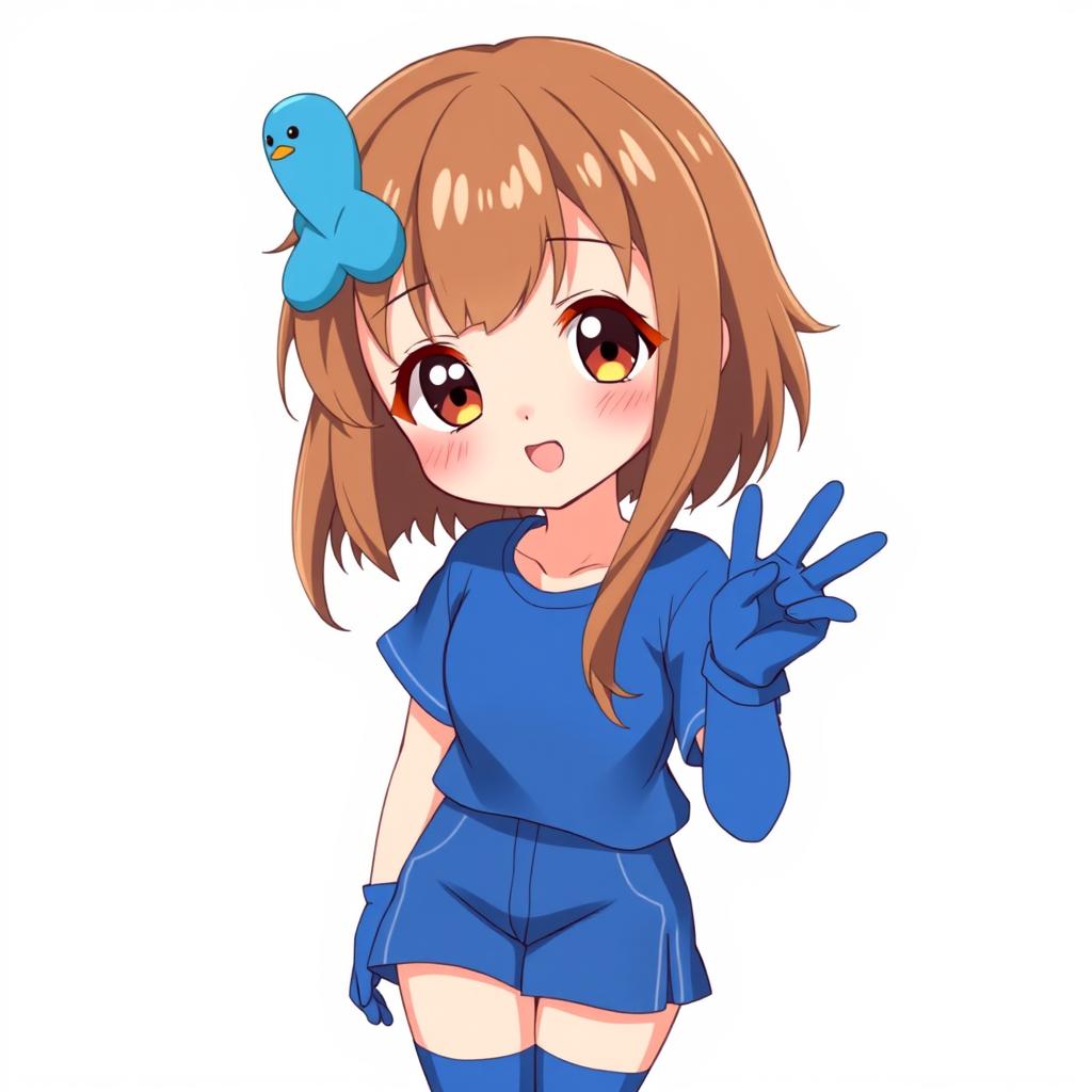 Anime style illustration of a 13-year-old girl with brown hair and dark brown eyes, featuring a blue duck hair clip