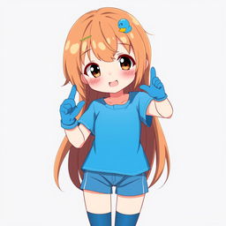 Anime style illustration of a 13-year-old girl with brown hair and dark brown eyes, featuring a blue duck hair clip