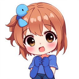 Anime style illustration of a 13-year-old girl with brown hair and dark brown eyes, featuring a blue duck hair clip