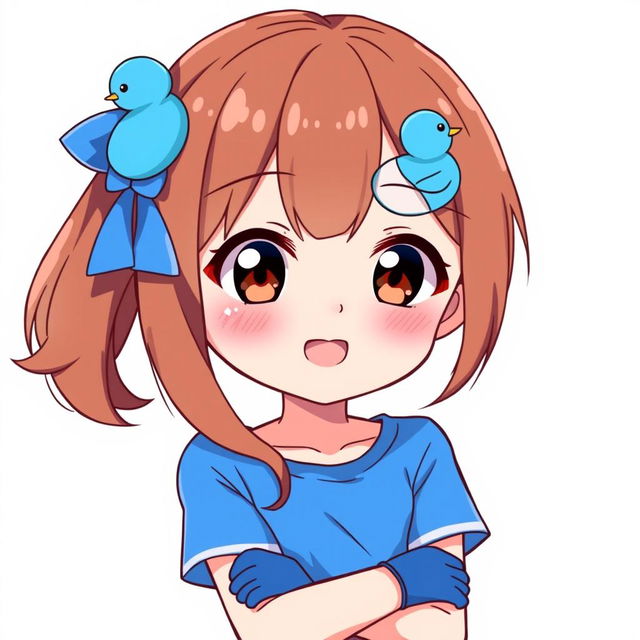 Anime style illustration of a 13-year-old girl with brown hair and dark brown eyes, featuring a blue duck hair clip