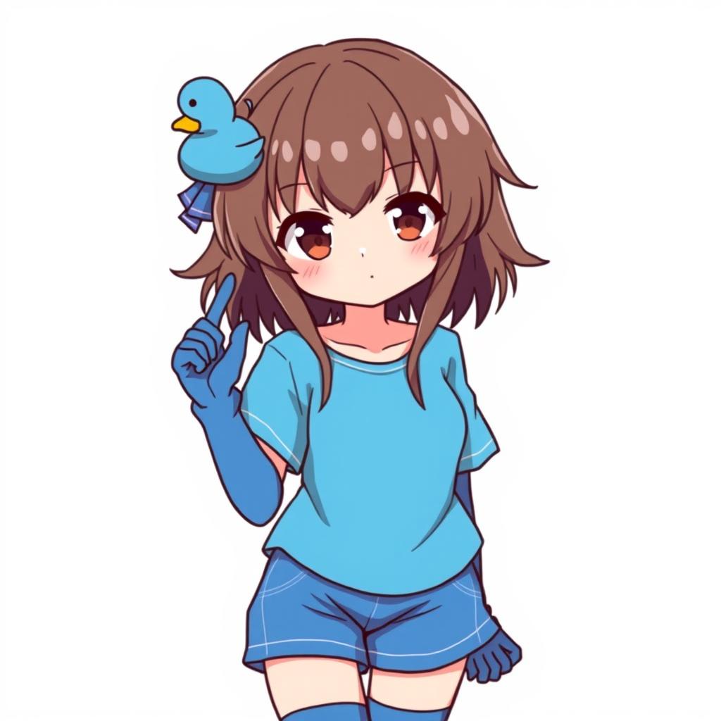 Anime style illustration of a girl with brown hair and dark brown eyes, featuring a blue duck hair clip