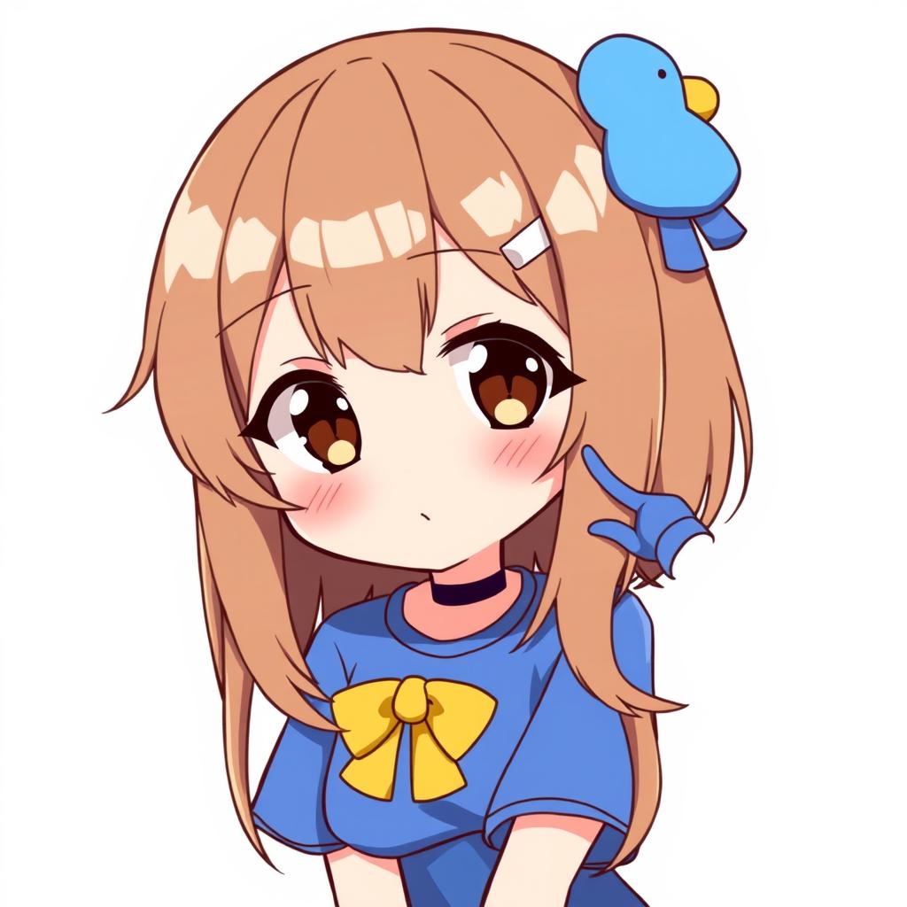 Anime style illustration of a girl with brown hair and dark brown eyes, featuring a blue duck hair clip