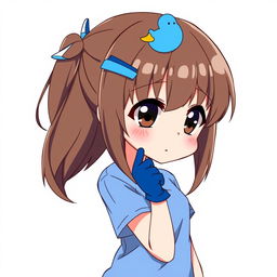 Anime style illustration of a girl with brown hair and dark brown eyes, featuring a blue duck hair clip