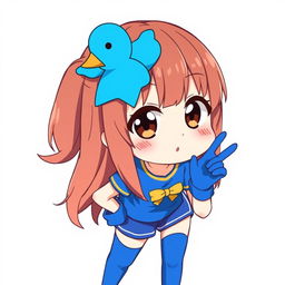 Anime style illustration of a girl with brown hair and dark brown eyes, featuring a blue duck hair clip