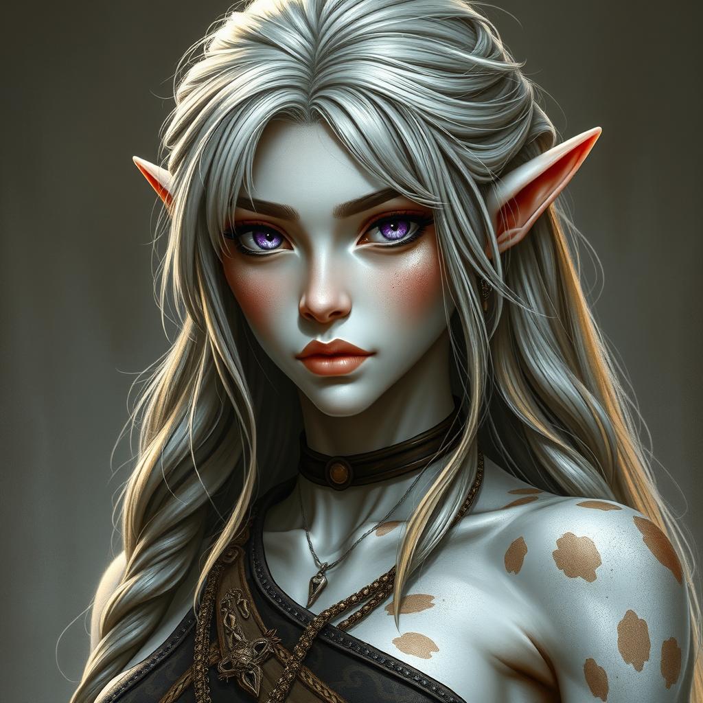 A tall, two-meter female elf with striking silver skin interspersed with spots of brown, resembling vitiligo patterns