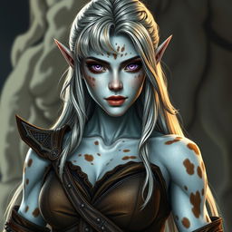 A tall, two-meter female elf with striking silver skin interspersed with spots of brown, resembling vitiligo patterns