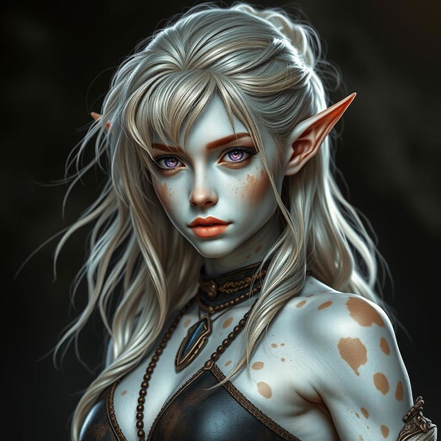 A tall, two-meter female elf with striking silver skin interspersed with spots of brown, resembling vitiligo patterns