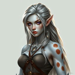 A tall, two-meter female elf with striking silver skin interspersed with spots of brown, resembling vitiligo patterns