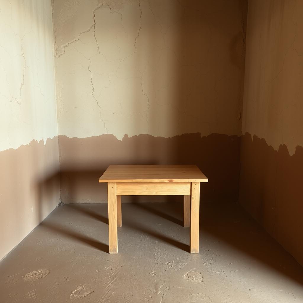 A simple study area with a rustic, unfinished room featuring cracked, earthen walls and a basic floor