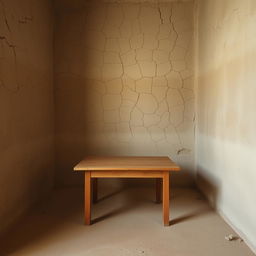 A simple study area with a rustic, unfinished room featuring cracked, earthen walls and a basic floor