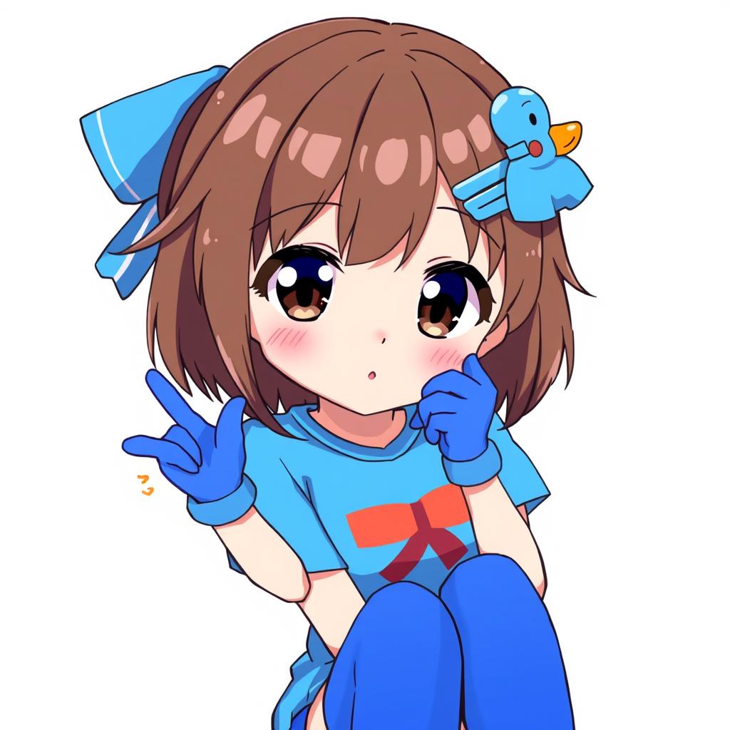 Anime style illustration of a girl with brown hair and dark brown eyes, featuring a blue duck hair clip