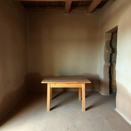 A simple study area with a rustic, unfinished room featuring cracked, earthen walls and a basic floor