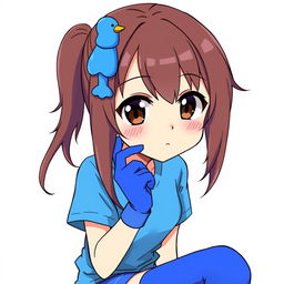 Anime style illustration of a girl with brown hair and dark brown eyes, featuring a blue duck hair clip